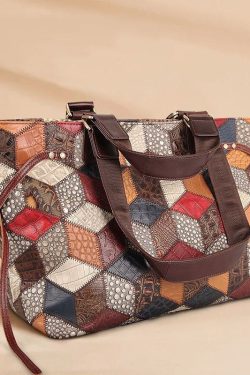 Bohemian Colorblock Geometric Appliqued Calf Leather Tote Handbag