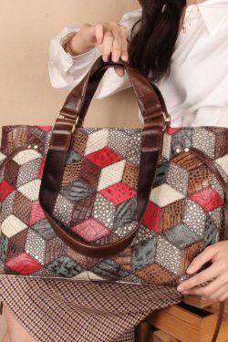 Bohemian Colorblock Geometric Appliqued Calf Leather Tote Handbag