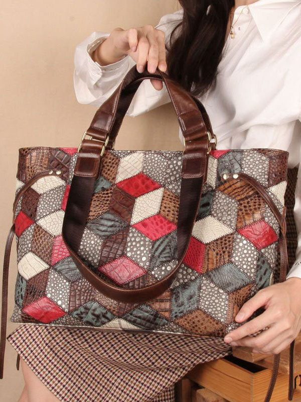 Bohemian Colorblock Geometric Appliqued Calf Leather Tote Handbag