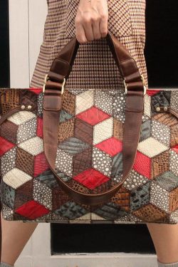 Bohemian Colorblock Geometric Appliqued Calf Leather Tote Handbag