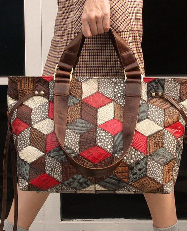 Bohemian Colorblock Geometric Appliqued Calf Leather Tote Handbag