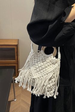 Bohemian Khaki Tassel Hollow Out Woven Crossbody Bag