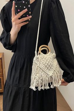 Bohemian Khaki Tassel Hollow Out Woven Crossbody Bag