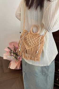 Bohemian Khaki Tassel Hollow Out Woven Crossbody Bag