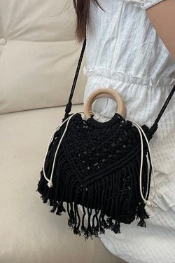 Bohemian Khaki Tassel Hollow Out Woven Crossbody Bag