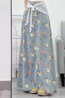 Bohemian Light Blue Flower Print Denim A Line Skirts Fall