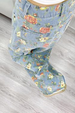 Bohemian Light Blue Flower Print Denim A Line Skirts Fall