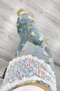 Bohemian Light Blue Flower Print Denim A Line Skirts Fall