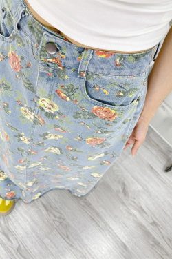 Bohemian Light Blue Flower Print Denim A Line Skirts Fall