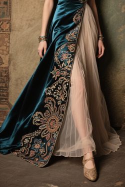 Bohemian Peacock Blue Jacquard Tulle Patchwork Silk Dress Summer