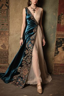 Bohemian Peacock Blue Jacquard Tulle Patchwork Silk Dress Summer