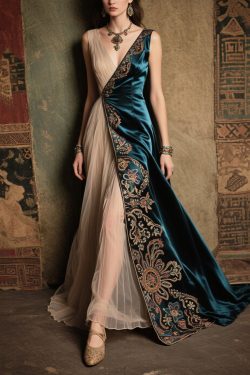 Bohemian Peacock Blue Jacquard Tulle Patchwork Silk Dress Summer