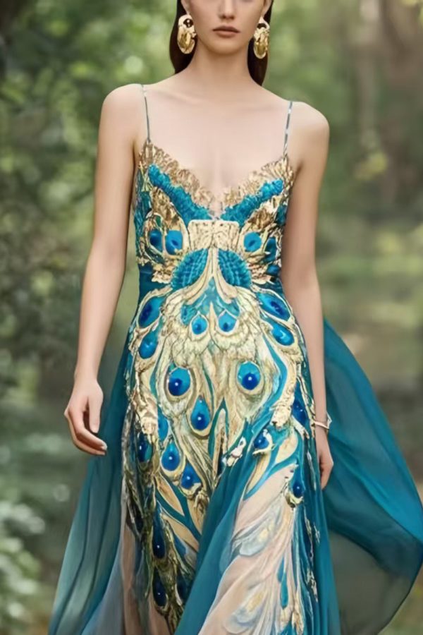 Bohemian Peacock Blue Print Exra Large Hem Chiffon Holiday Dress Summer