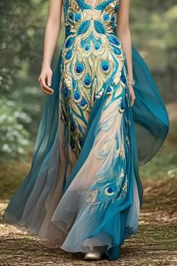 Bohemian Peacock Blue Print Exra Large Hem Chiffon Holiday Dress Summer