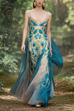 Bohemian Peacock Blue Print Exra Large Hem Chiffon Holiday Dress Summer