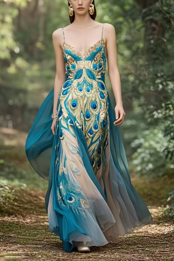 Bohemian Peacock Blue Print Exra Large Hem Chiffon Holiday Dress Summer