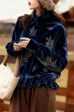 Bohemian Peacock Blue Ruffled Print Silk Velour Top Spring