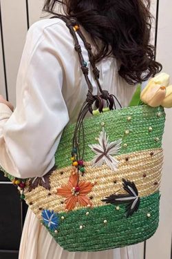 Bohemian Rose Handmade Straw Woven Satchel Bag Handbag