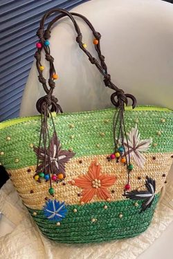 Bohemian Rose Handmade Straw Woven Satchel Bag Handbag