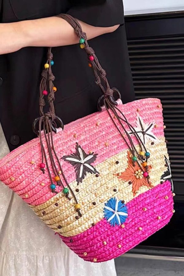 Bohemian Rose Handmade Straw Woven Satchel Bag Handbag