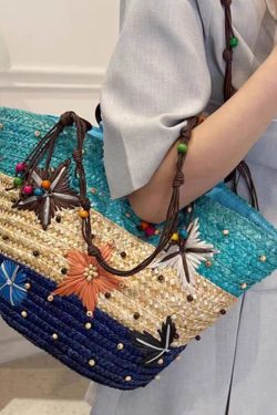 Bohemian Rose Handmade Straw Woven Satchel Bag Handbag