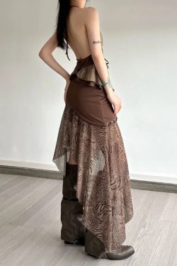 Boho Asymmetric Top & Leopard Midi Skirt Two Piece Set