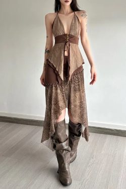 Boho Asymmetric Top & Leopard Midi Skirt Two Piece Set