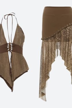 Boho Asymmetric Top & Leopard Midi Skirt Two Piece Set