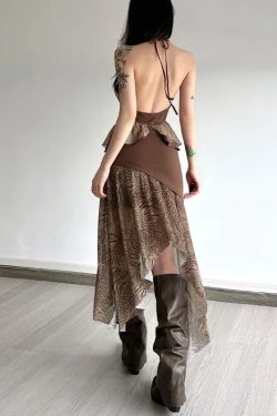 Boho Asymmetric Top & Leopard Midi Skirt Two Piece Set