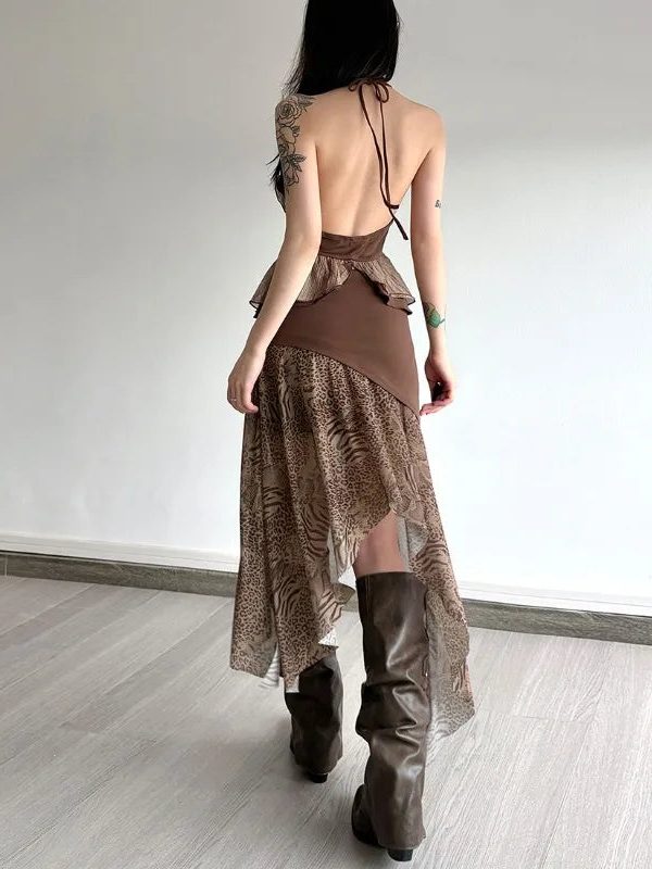 Boho Asymmetric Top & Leopard Midi Skirt Two Piece Set