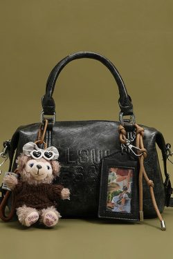 Boho Beige Letter Embossing Bear Decorated Faux Leather Tote Handbag