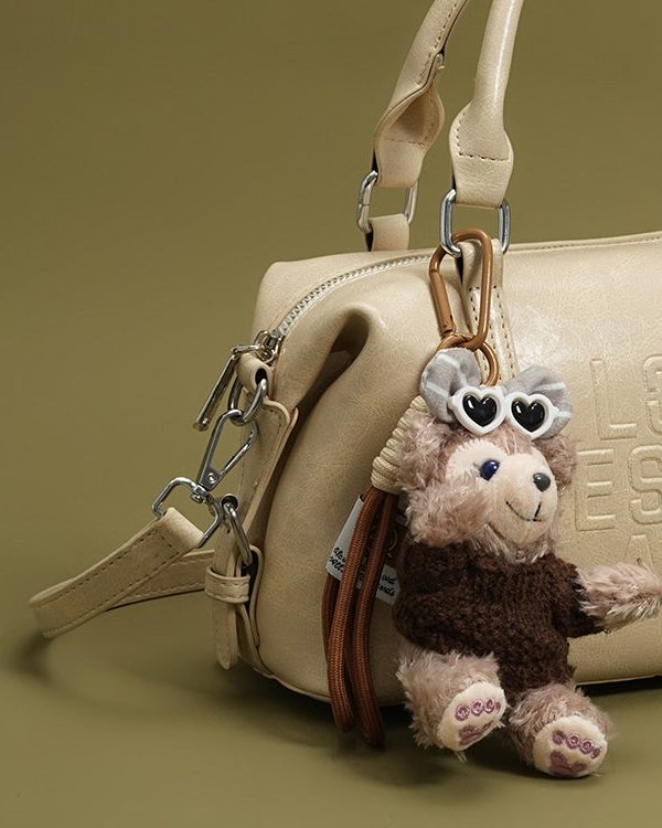 Boho Beige Letter Embossing Bear Decorated Faux Leather Tote Handbag