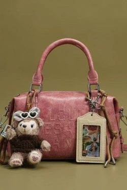 Boho Beige Letter Embossing Bear Decorated Faux Leather Tote Handbag