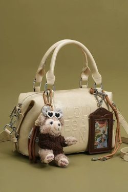 Boho Beige Letter Embossing Bear Decorated Faux Leather Tote Handbag