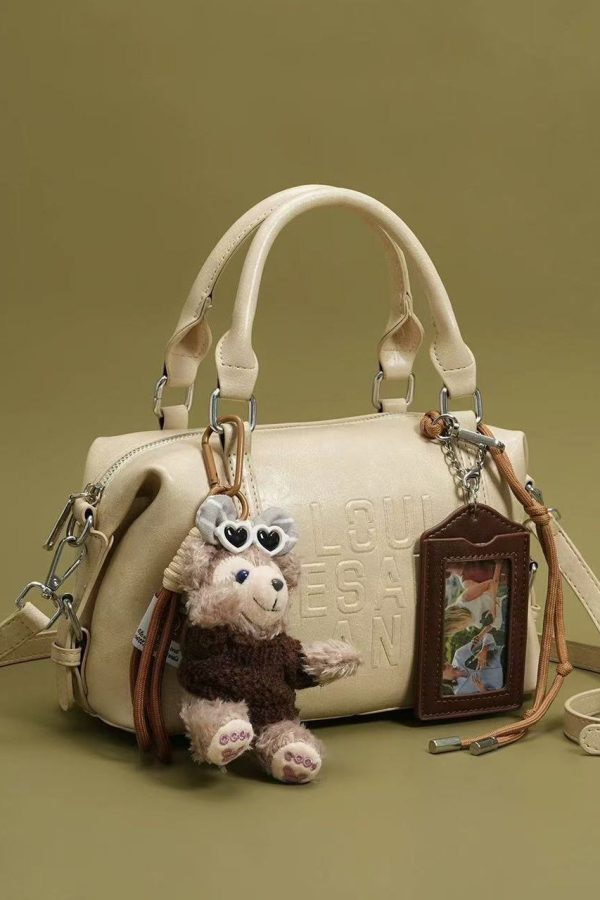 Boho Beige Letter Embossing Bear Decorated Faux Leather Tote Handbag