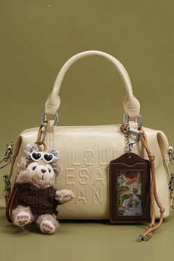 Boho Beige Letter Embossing Bear Decorated Faux Leather Tote Handbag