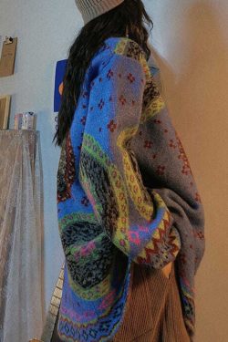 Boho Blue Cute retro Button Print Fall Knit Sweater Coat