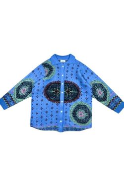 Boho Blue Cute retro Button Print Fall Knit Sweater Coat