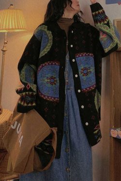 Boho Blue Cute retro Button Print Fall Knit Sweater Coat
