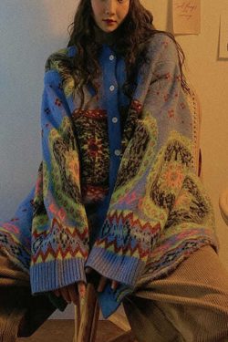Boho Blue Cute retro Button Print Fall Knit Sweater Coat
