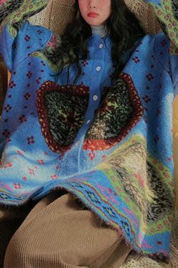 Boho Blue Cute retro Button Print Fall Knit Sweater Coat
