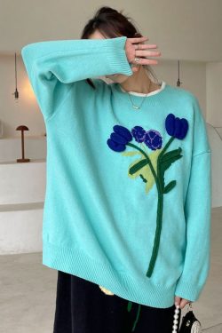 Boho Blue Loose Floral Knit Sweaters Winter