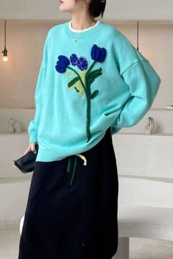 Boho Blue Loose Floral Knit Sweaters Winter
