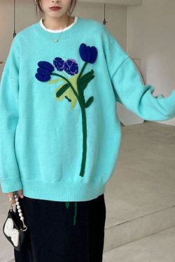 Boho Blue Loose Floral Knit Sweaters Winter