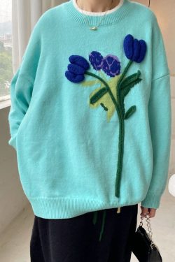 Boho Blue Loose Floral Knit Sweaters Winter