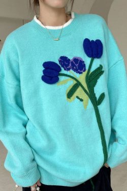 Boho Blue Loose Floral Knit Sweaters Winter