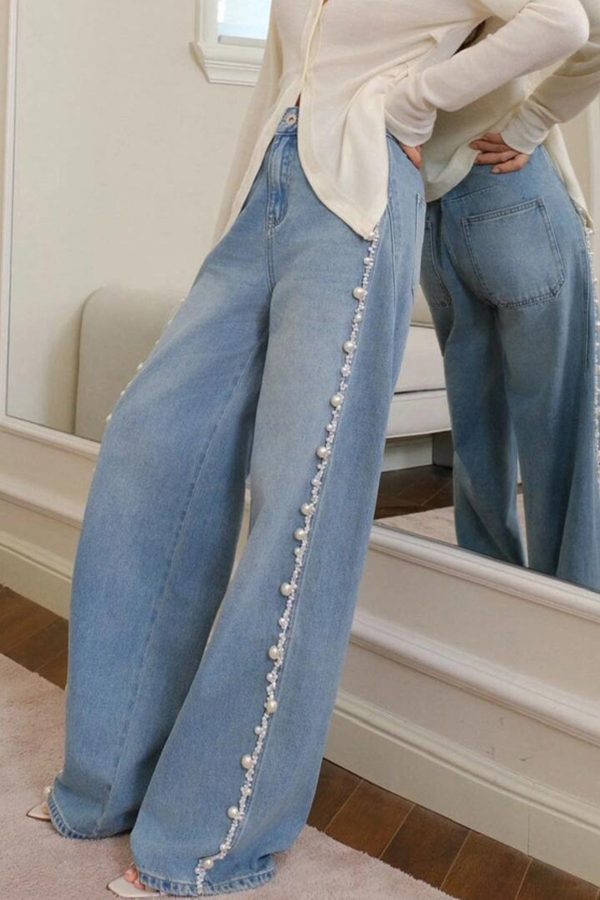 Boho Blue Nail Bead Denim Wide Leg Pants Spring