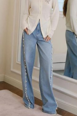 Boho Blue Nail Bead Denim Wide Leg Pants Spring