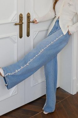 Boho Blue Nail Bead Denim Wide Leg Pants Spring