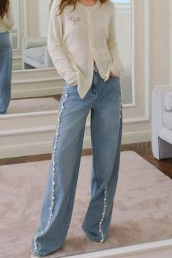 Boho Blue Nail Bead Denim Wide Leg Pants Spring